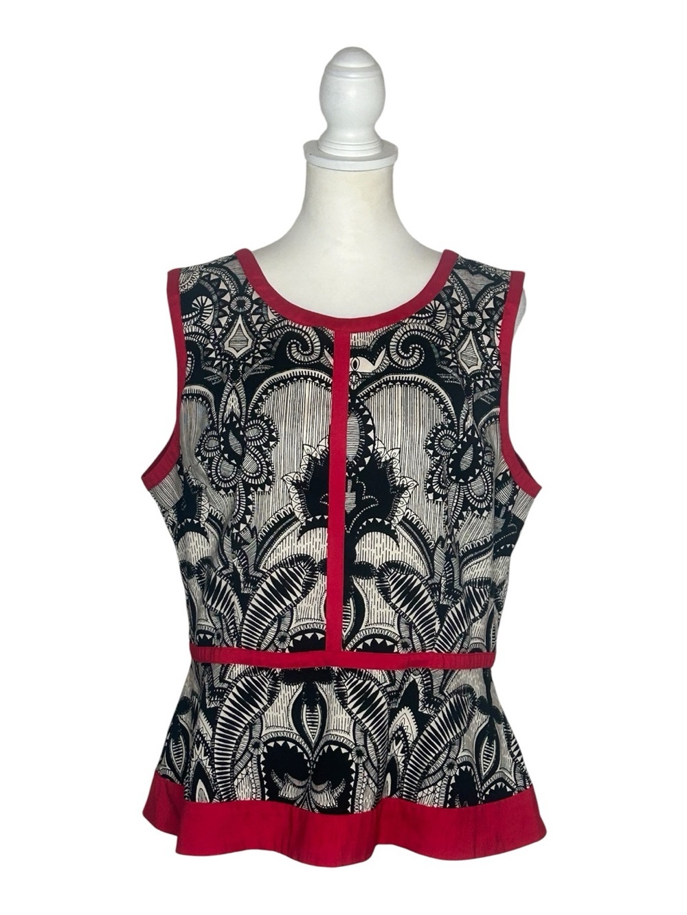 Nicole by Nicole Miller EUC Black Cream with Red Trim Peplum Blouse Sz XL Office